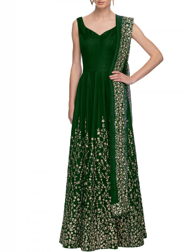 Fern Green Art Silk Embroidered Party Gown