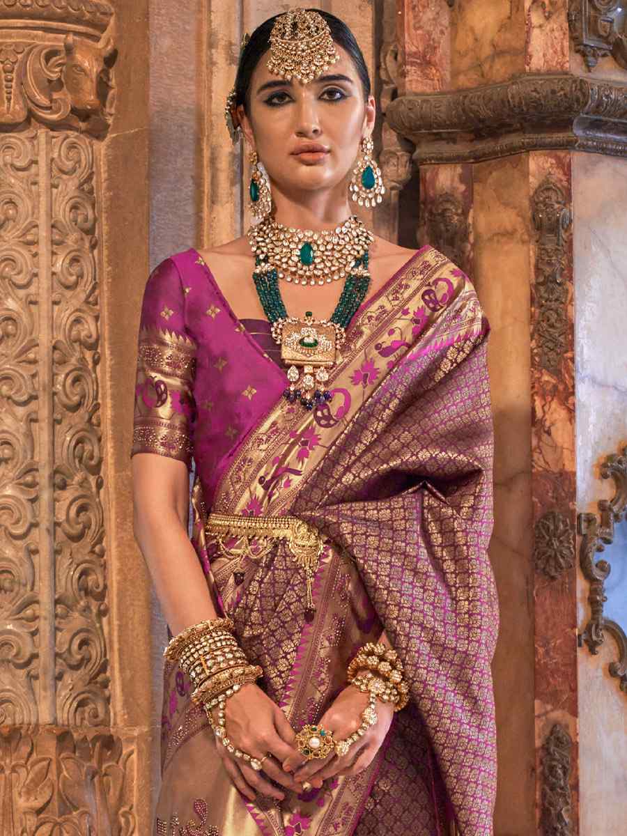 Ferra Purple Banarasi Silk Handwoven Wedding Festival Heavy Border Saree