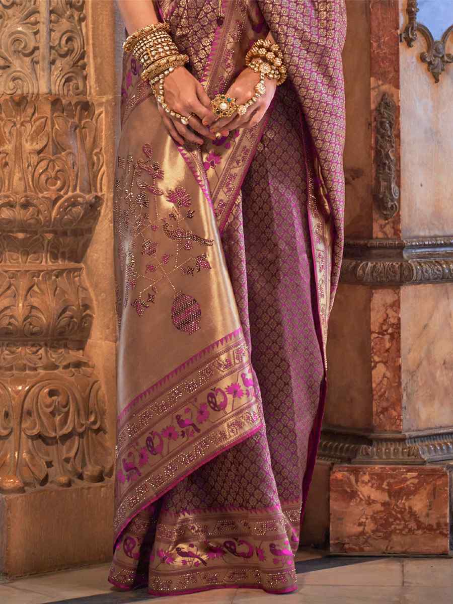 Ferra Purple Banarasi Silk Handwoven Wedding Festival Heavy Border Saree