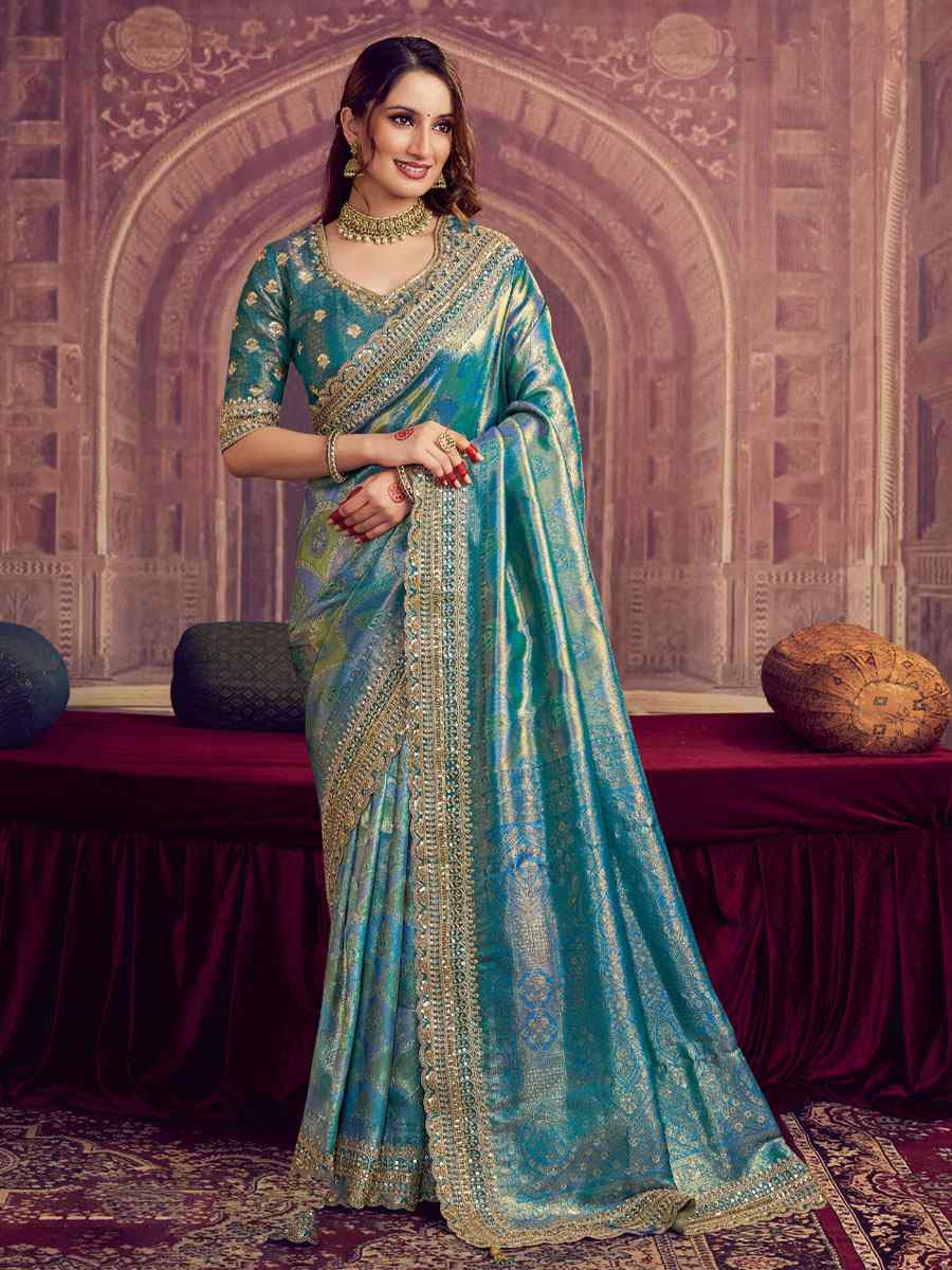 Firoji Kanjivaram Pure Zari Silk Embroidery Festival Wedding Fancy Classic Heavy Border Saree