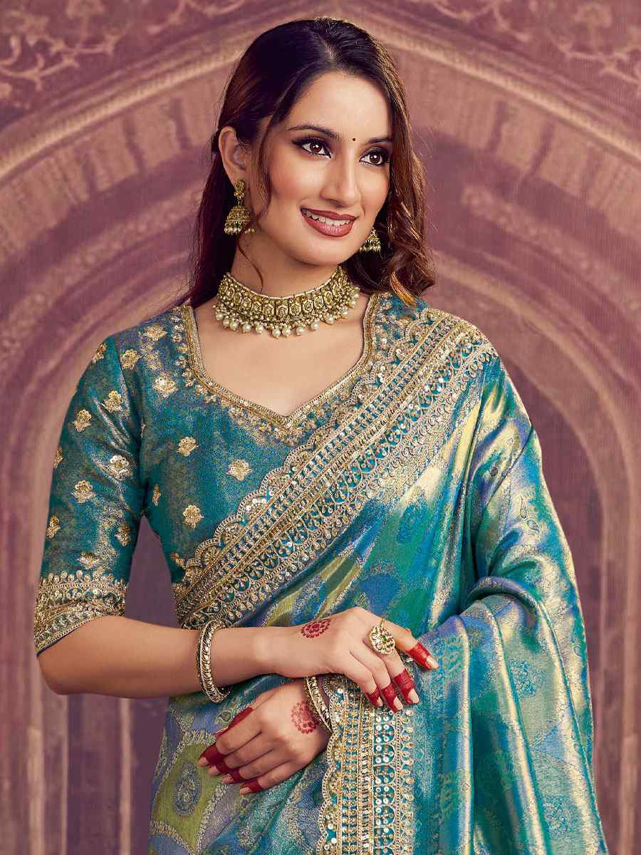 Firoji Kanjivaram Pure Zari Silk Embroidery Festival Wedding Fancy Classic Heavy Border Saree