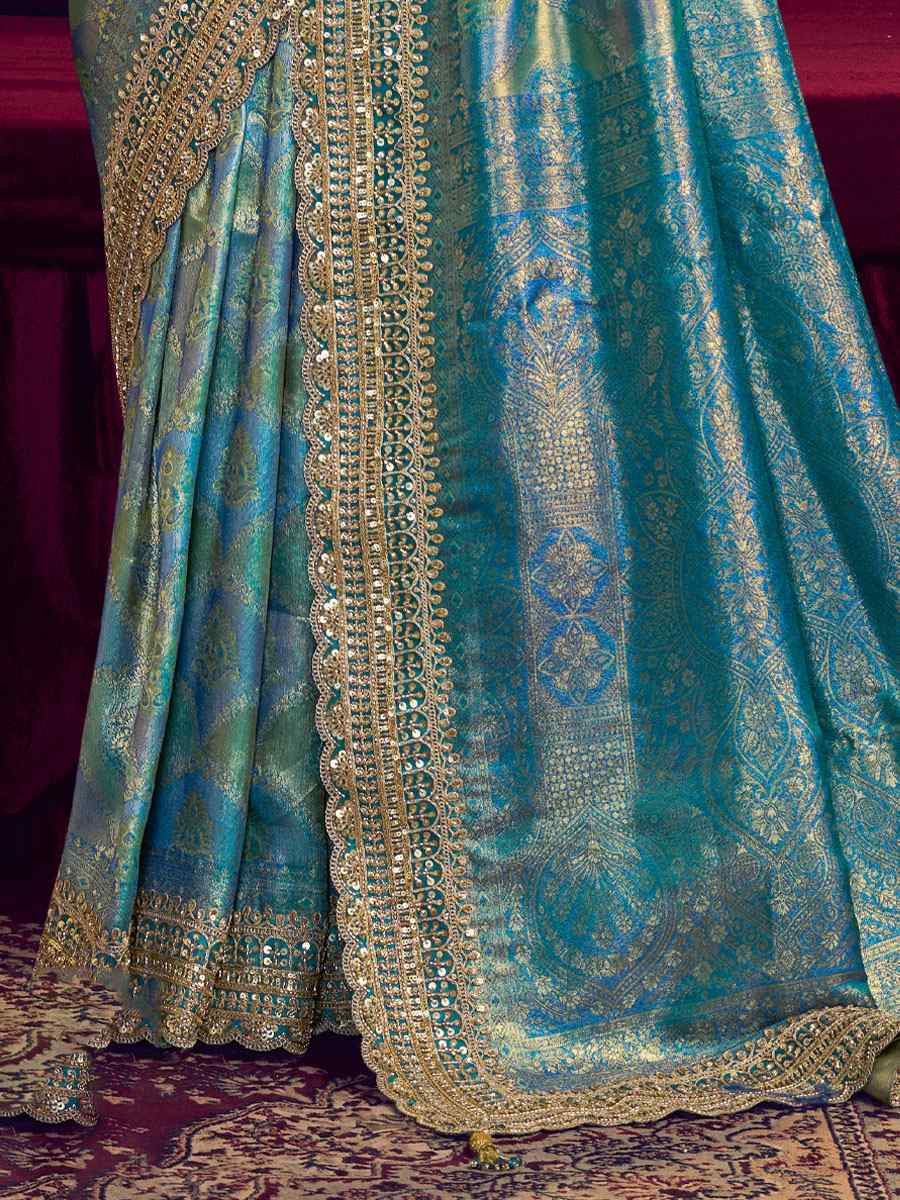 Firoji Kanjivaram Pure Zari Silk Embroidery Festival Wedding Fancy Classic Heavy Border Saree