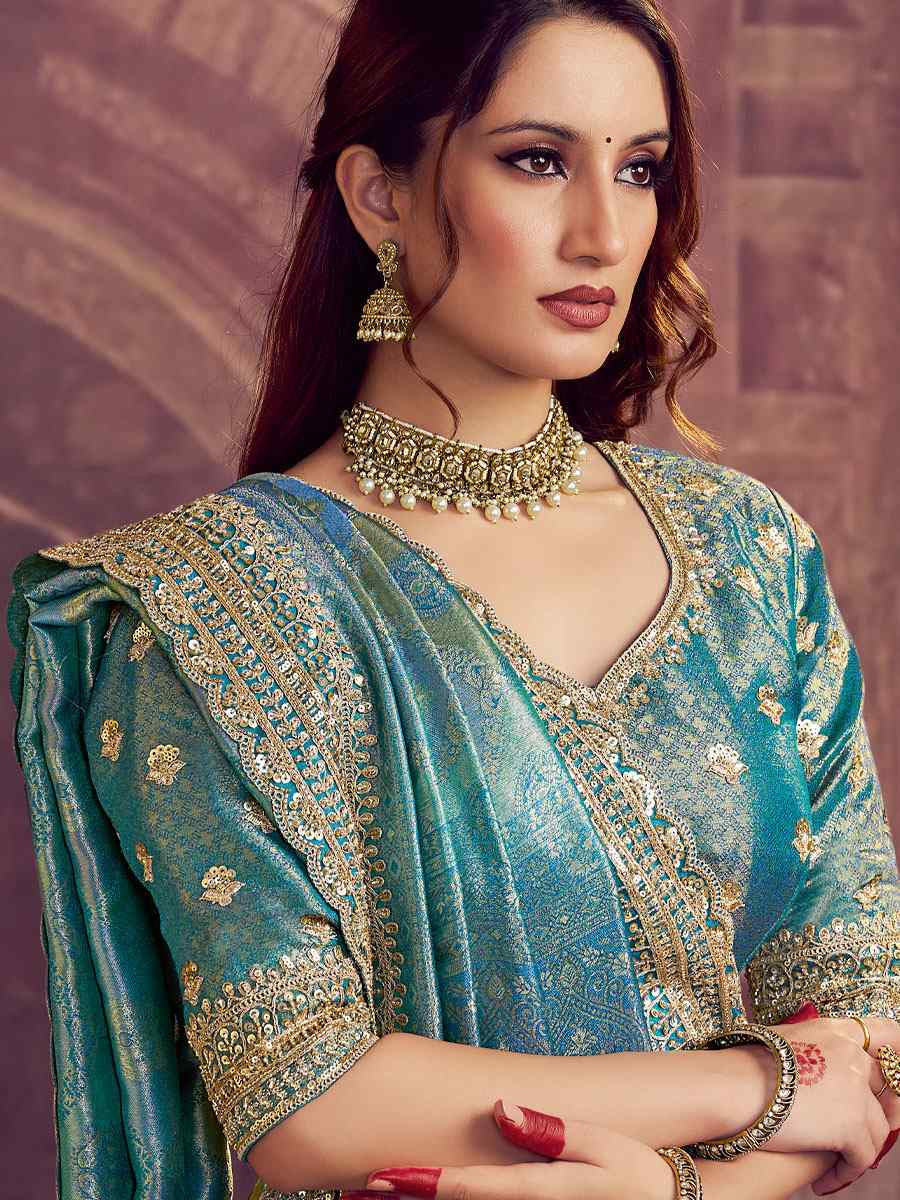 Firoji Kanjivaram Pure Zari Silk Embroidery Festival Wedding Fancy Classic Heavy Border Saree