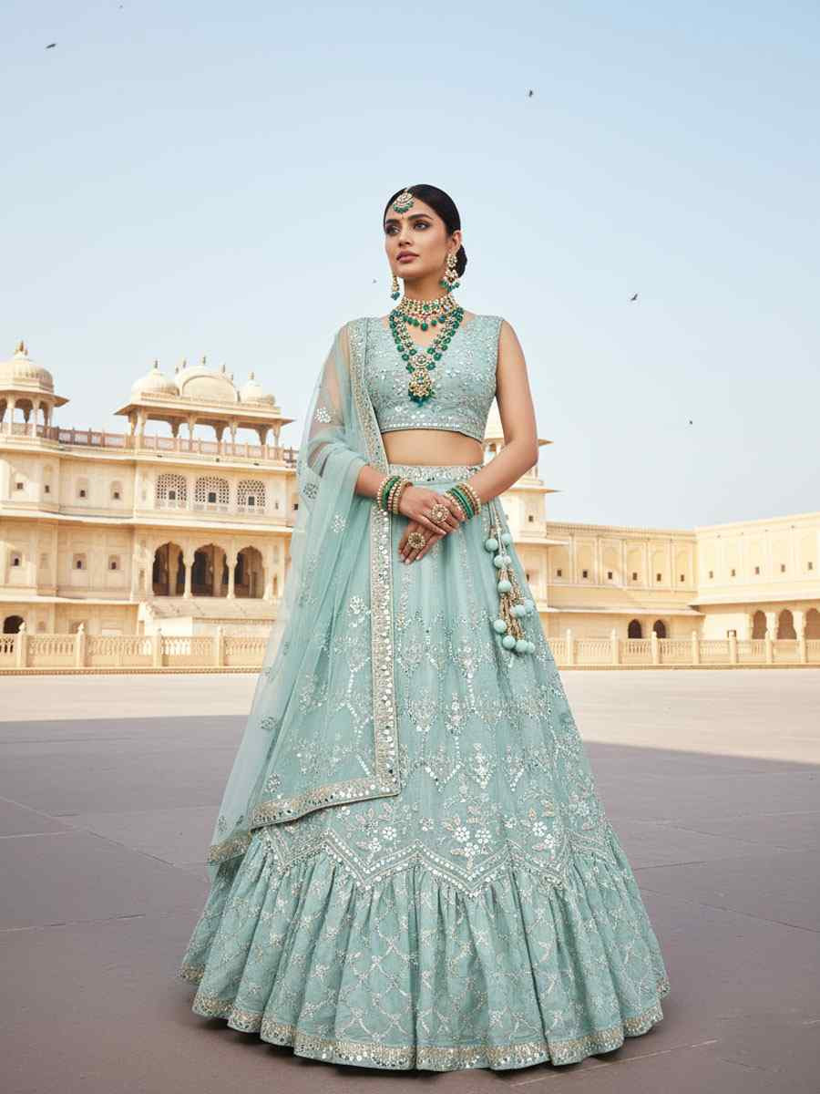 Firoji Net Embroidered Bridal Wedding Reception Festival Heavy Border Lehenga Choli