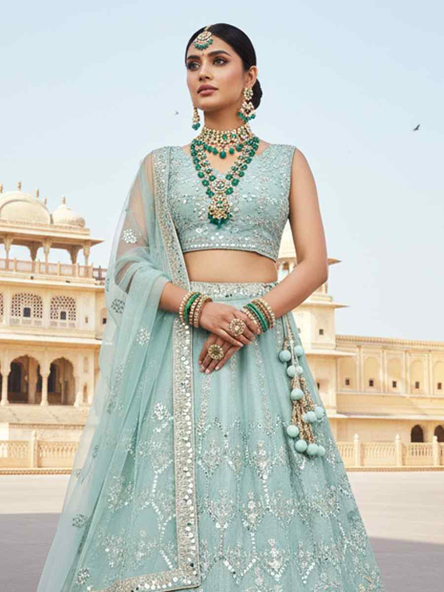 Firoji Net Embroidered Bridal Wedding Reception Festival Heavy Border Lehenga Choli