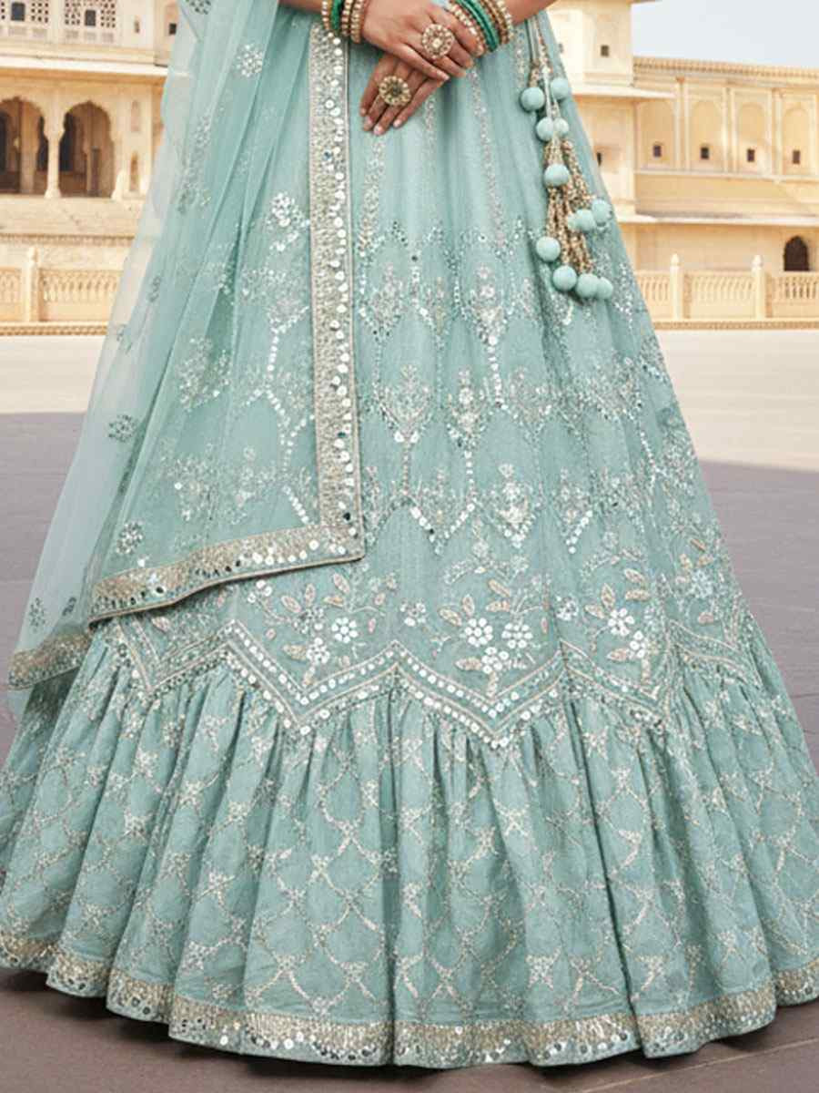Firoji Net Embroidered Bridal Wedding Reception Festival Heavy Border Lehenga Choli