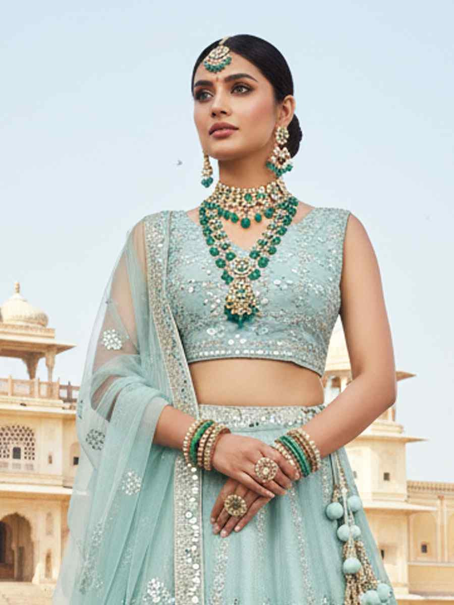 Firoji Net Embroidered Bridal Wedding Reception Festival Heavy Border Lehenga Choli