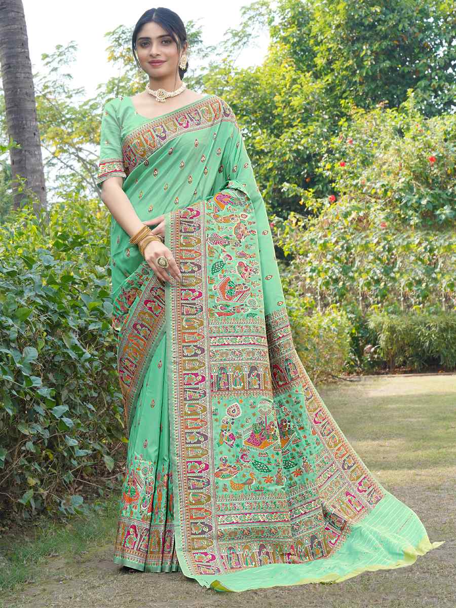 Firoji Silk Handwoven Wedding Festival Heavy Border Saree