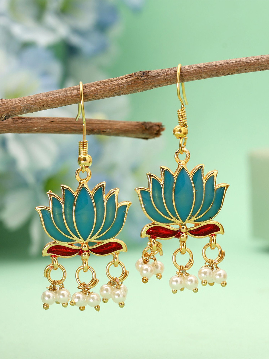 Firozi Alloy Meenakari Pearls Festival Party Wedding Lotus Earrings