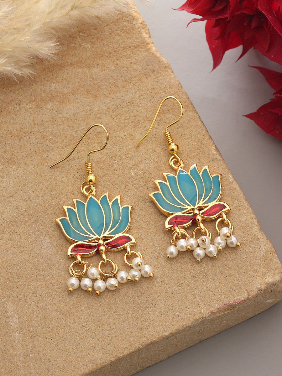 Firozi Alloy Meenakari Pearls Festival Party Wedding Lotus Earrings