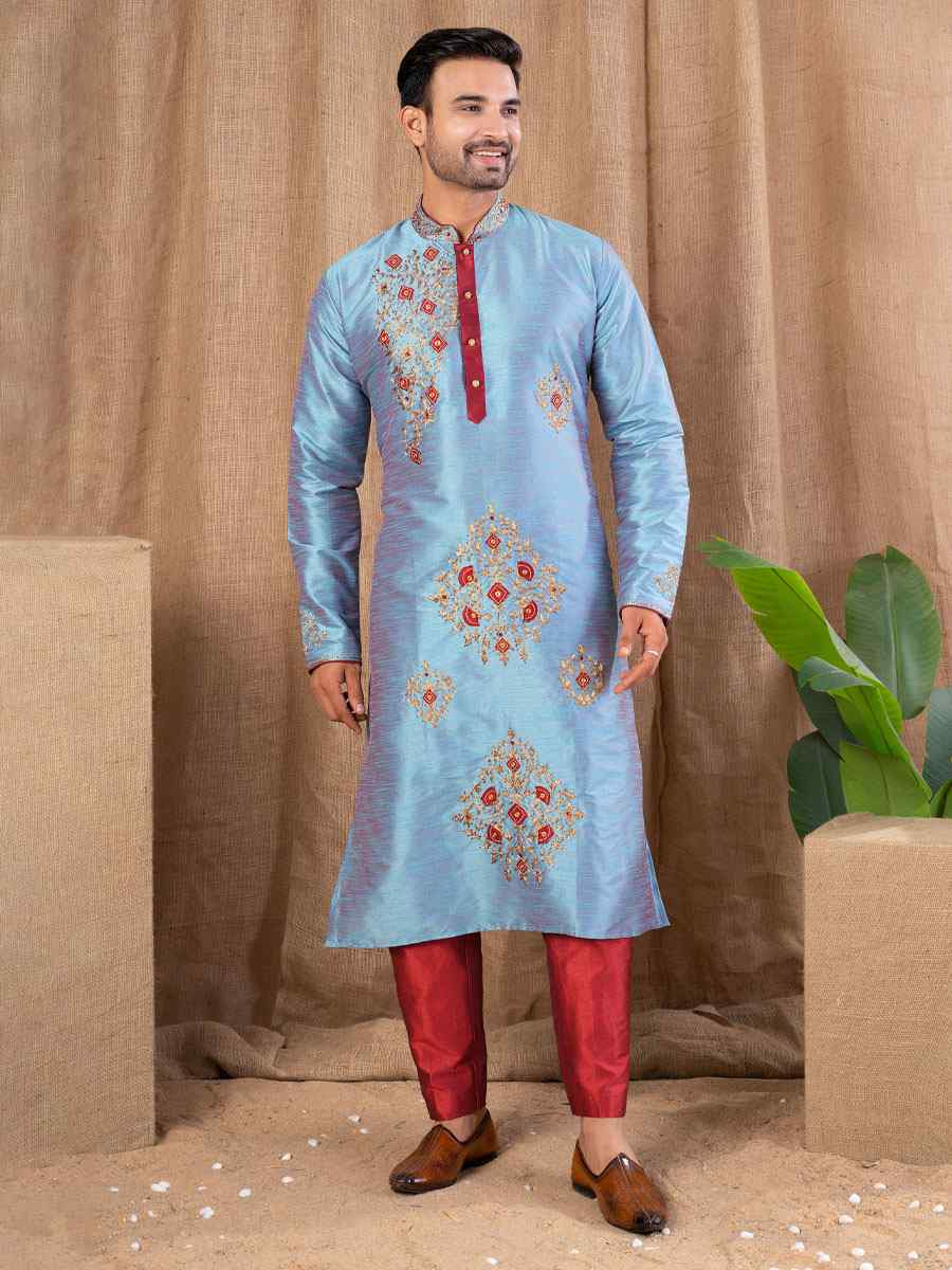Firozi Art Silk Embroidery Festival Wedding Party Mens Kurta