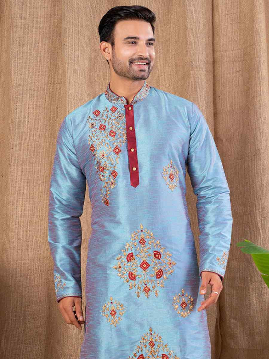 Firozi Art Silk Embroidery Festival Wedding Party Mens Kurta