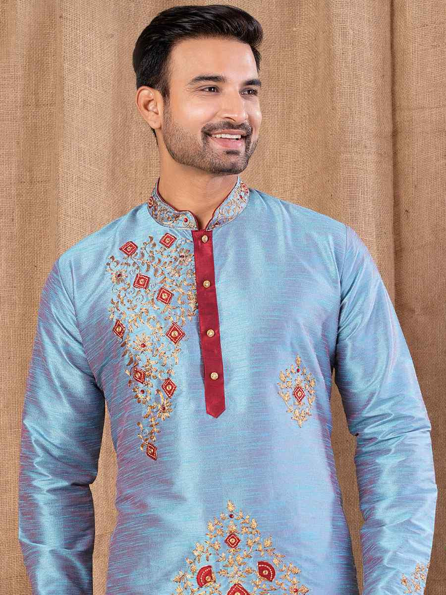 Firozi Art Silk Embroidery Festival Wedding Party Mens Kurta