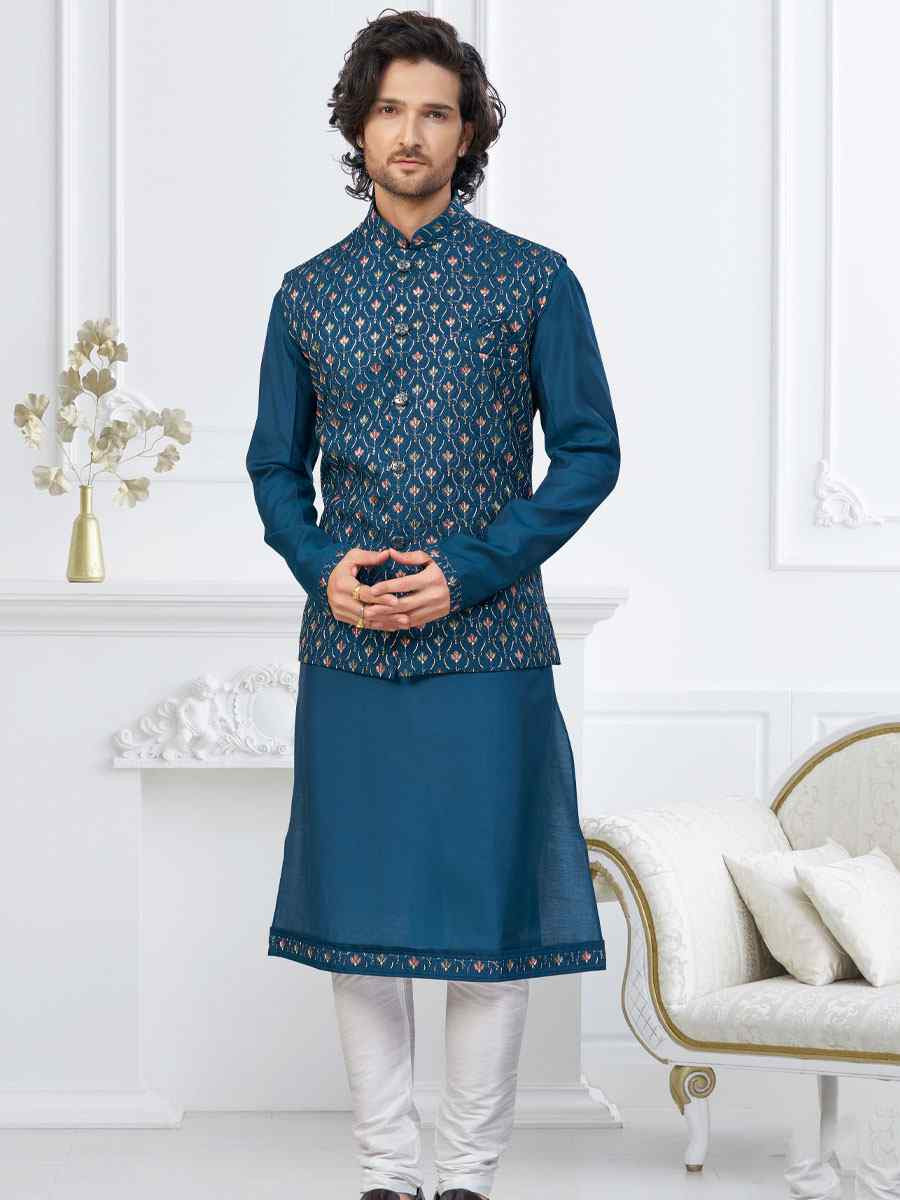 Firozi Banarasi Jackard Embroidery Festival Wedding Party Mens Kurta with Jacket