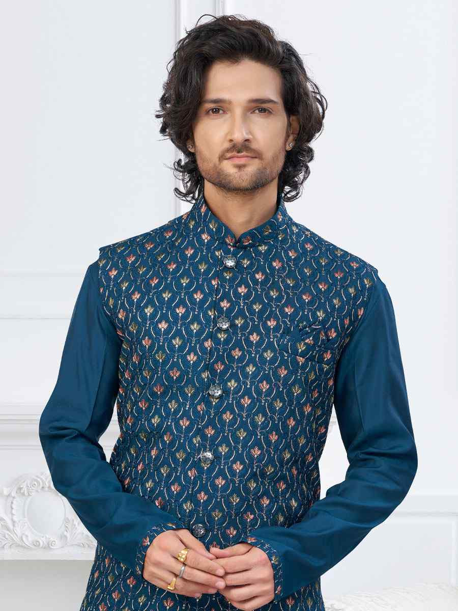 Firozi Banarasi Jackard Embroidery Festival Wedding Party Mens Kurta with Jacket