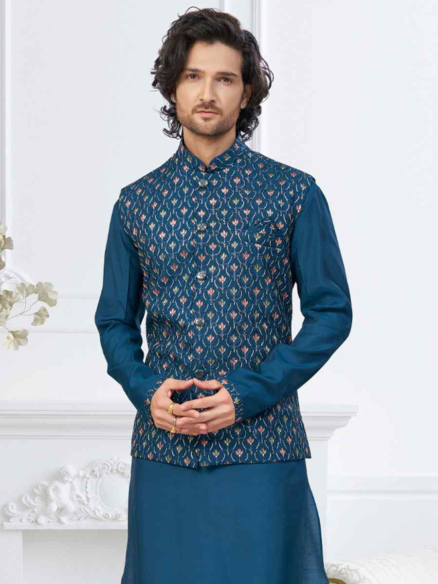 Firozi Banarasi Jackard Embroidery Festival Wedding Party Mens Kurta with Jacket