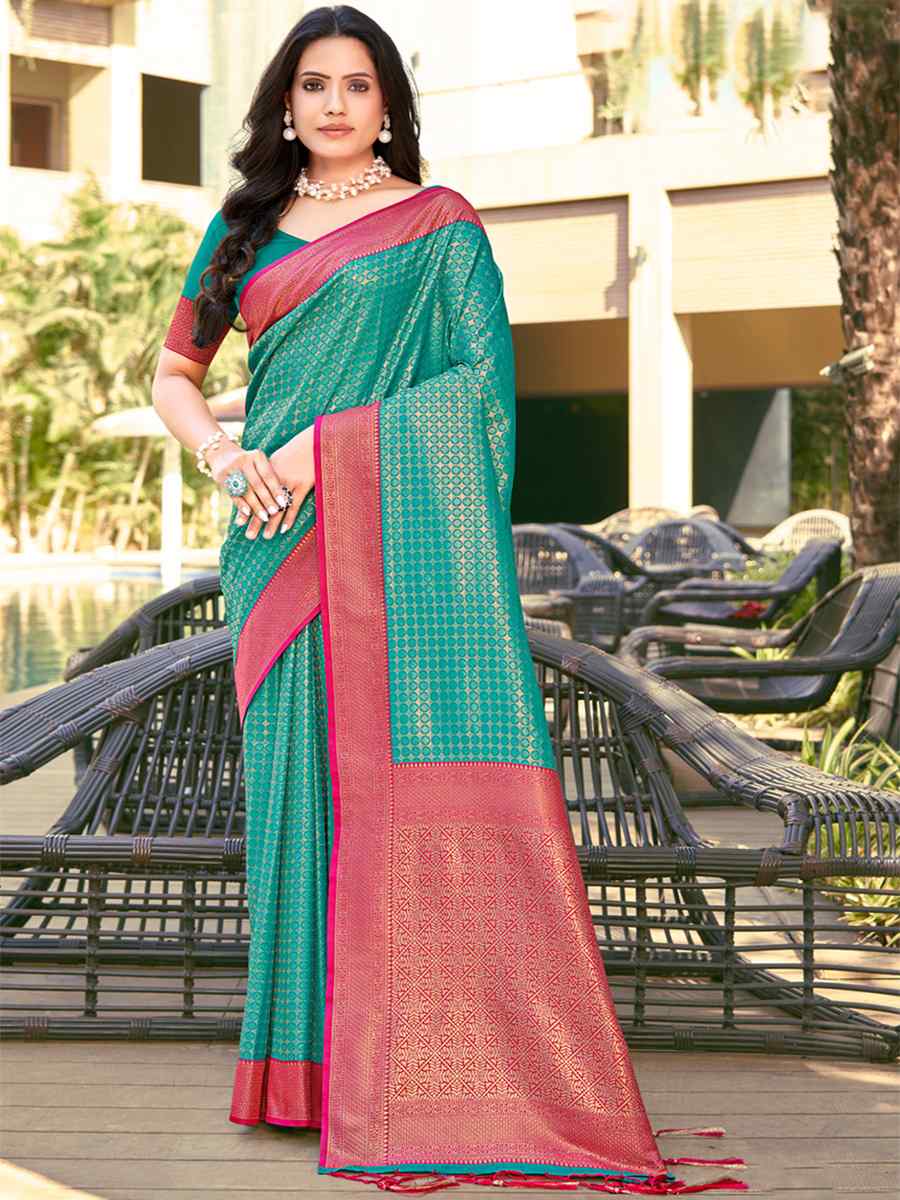 Firozi Banarasi Silk Handwoven Wedding Festival Heavy Border Saree