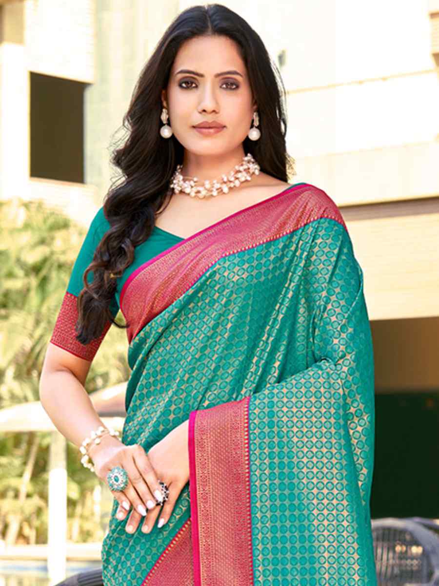 Firozi Banarasi Silk Handwoven Wedding Festival Heavy Border Saree