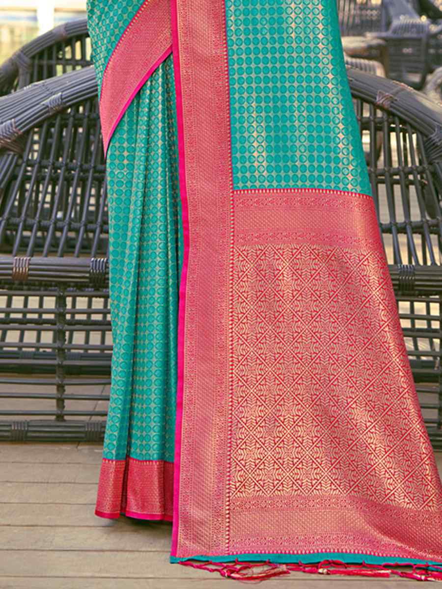 Firozi Banarasi Silk Handwoven Wedding Festival Heavy Border Saree