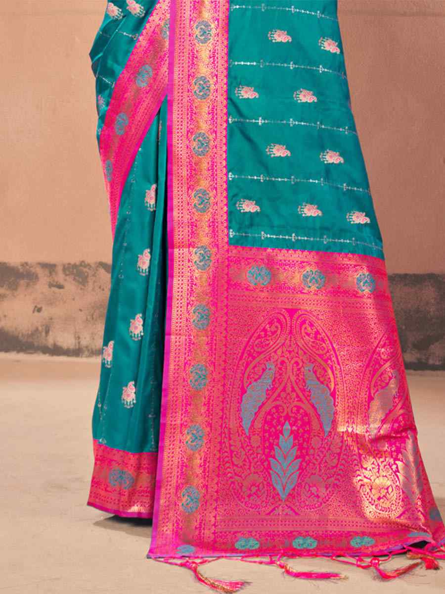 Firozi Banarasi Silk Handwoven Wedding Festival Heavy Border Saree