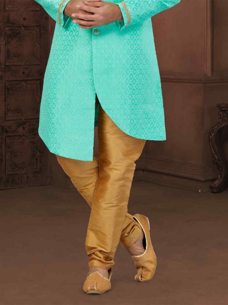 Firozi Banarasi Zari Jacquard Embroidered Wedding Groom Sherwani