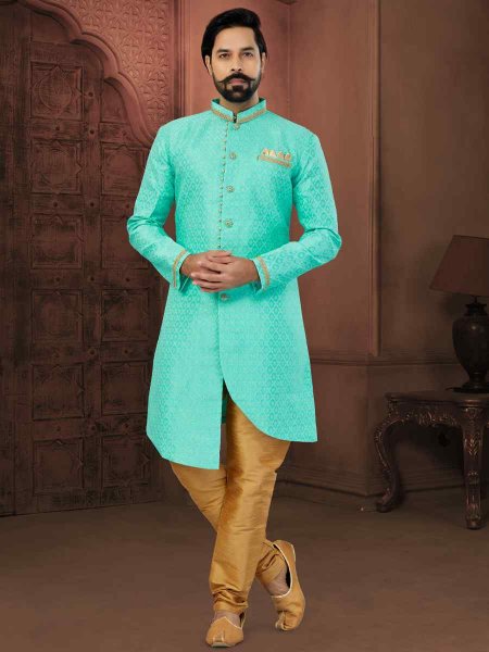 Firozi Banarasi Zari Jacquard Embroidered Wedding Groom Sherwani