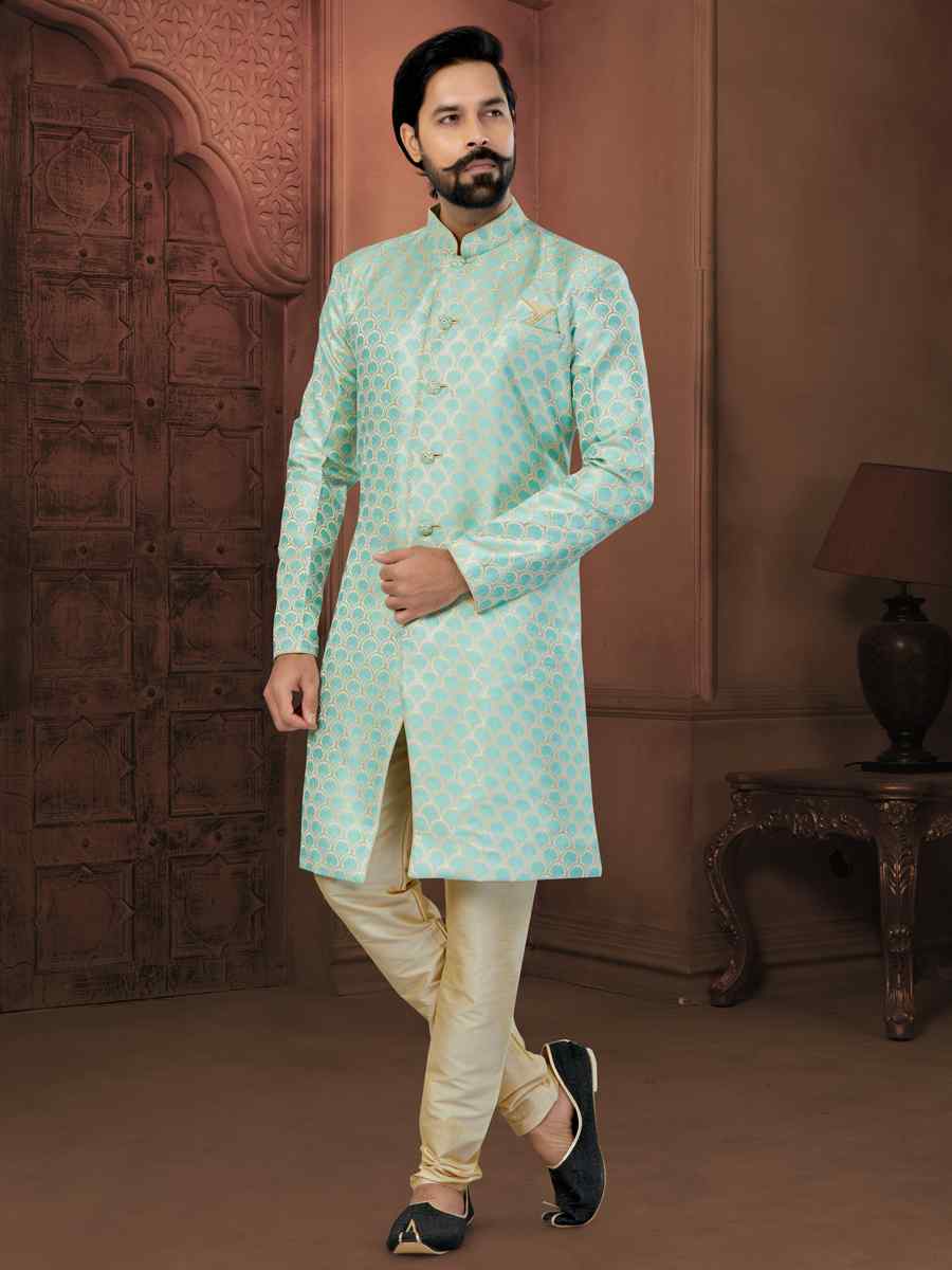 Firozi Banarasi Zari Jacquard Embroidered Wedding Groom Sherwani