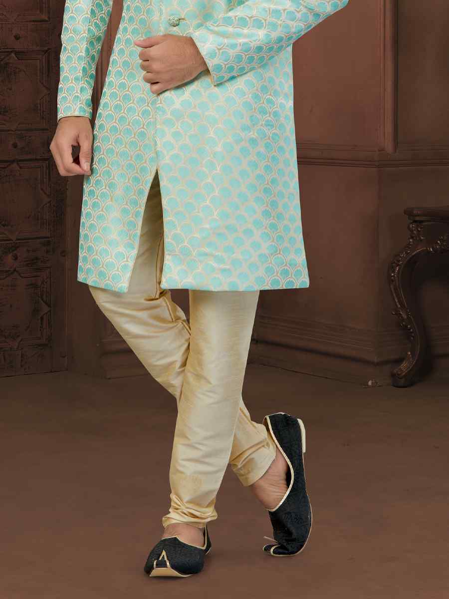 Firozi Banarasi Zari Jacquard Embroidered Wedding Groom Sherwani