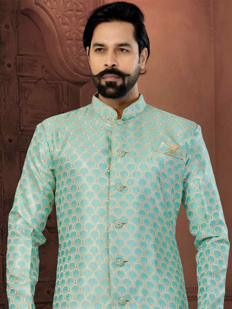 Firozi Banarasi Zari Jacquard Embroidered Wedding Groom Sherwani