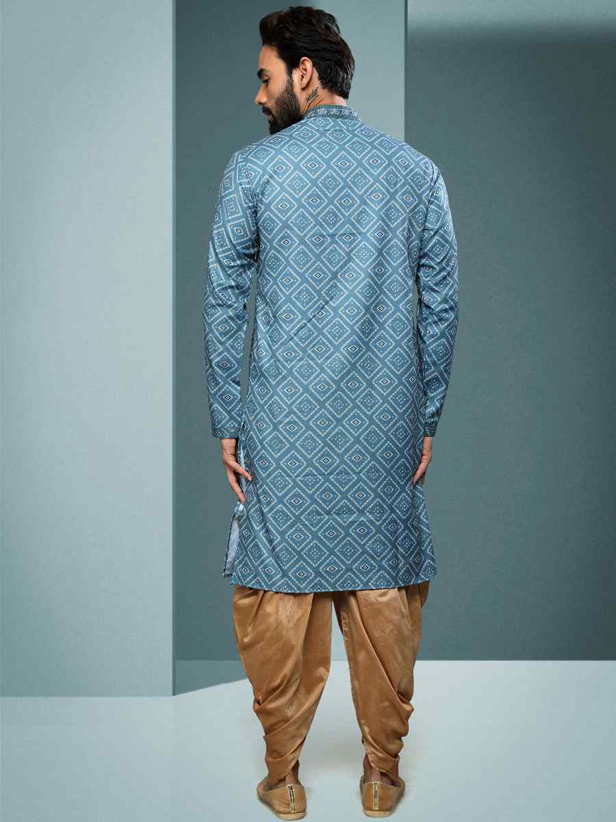 Firozi Blue Hand Loomed In Rich Yarns Of Cotton Printed Festival Kurta