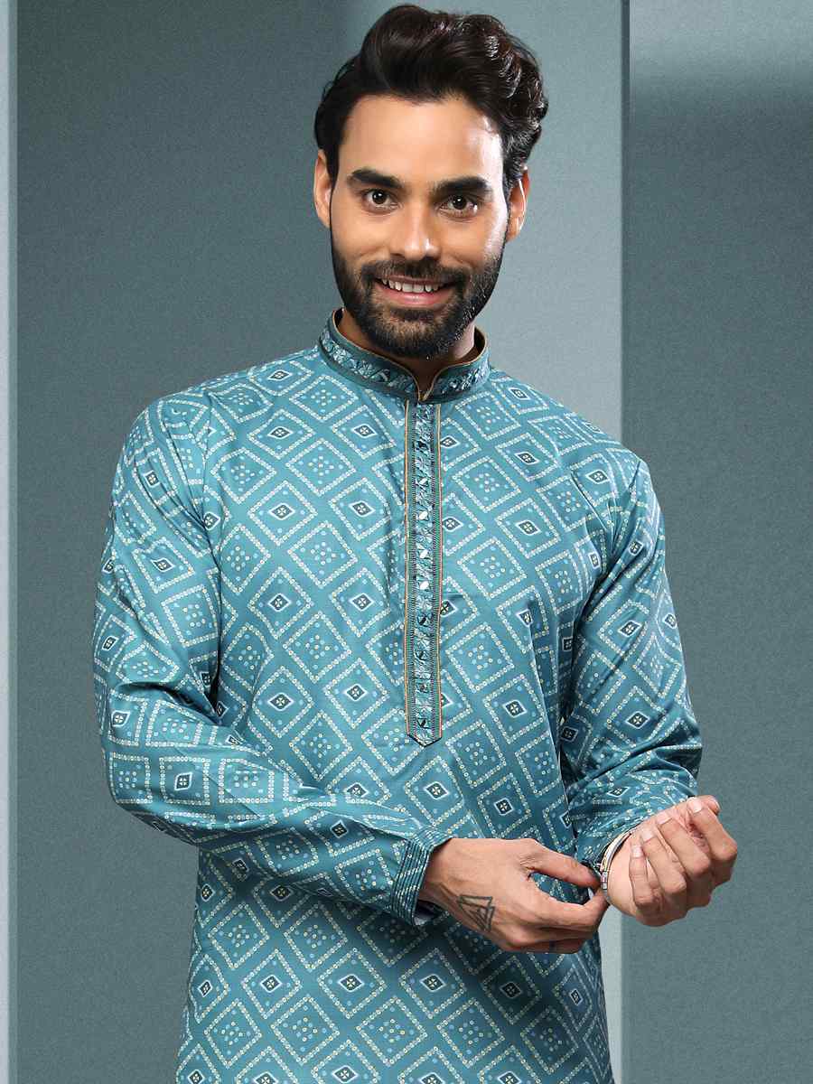 Firozi Blue Hand Loomed In Rich Yarns Of Cotton Printed Festival Kurta