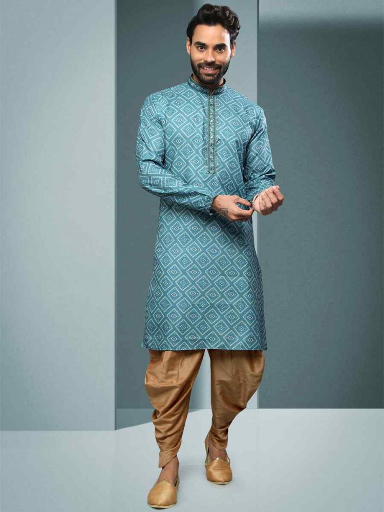 Firozi Blue Hand Loomed In Rich Yarns Of Cotton Printed Festival Kurta