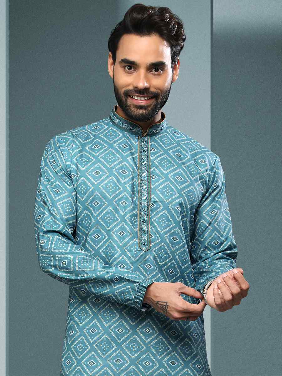 Firozi Blue Hand Loomed In Rich Yarns Of Cotton Printed Festival Kurta