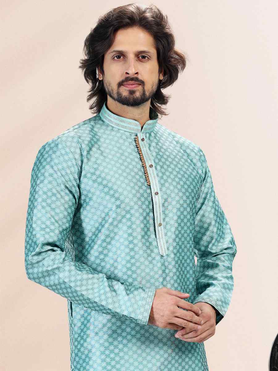 Firozi Blue Jacquard Banarasi Silk Woven Festival Wedding Kurta