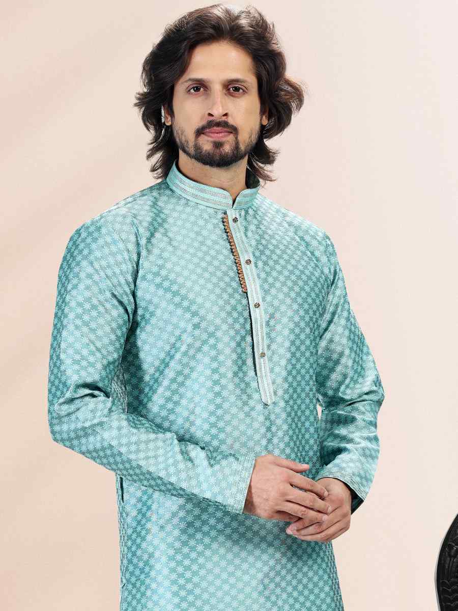 Firozi Blue Jacquard Banarasi Silk Woven Festival Wedding Kurta