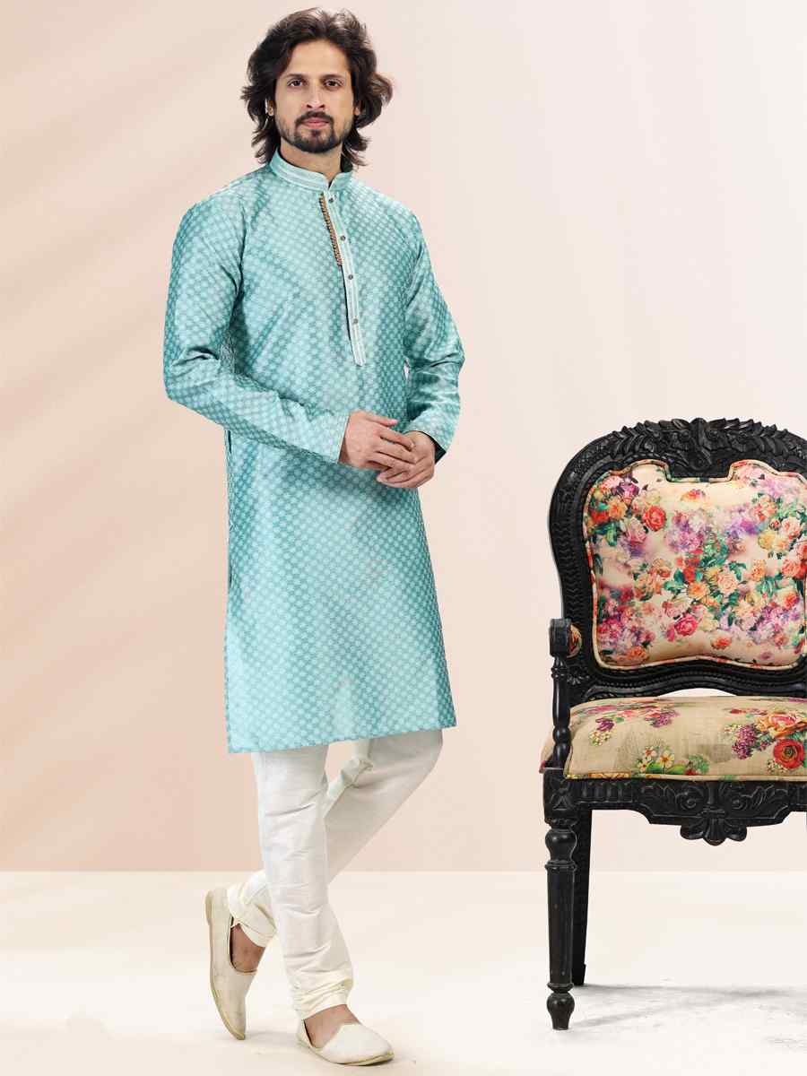Firozi Blue Jacquard Banarasi Silk Woven Festival Wedding Kurta