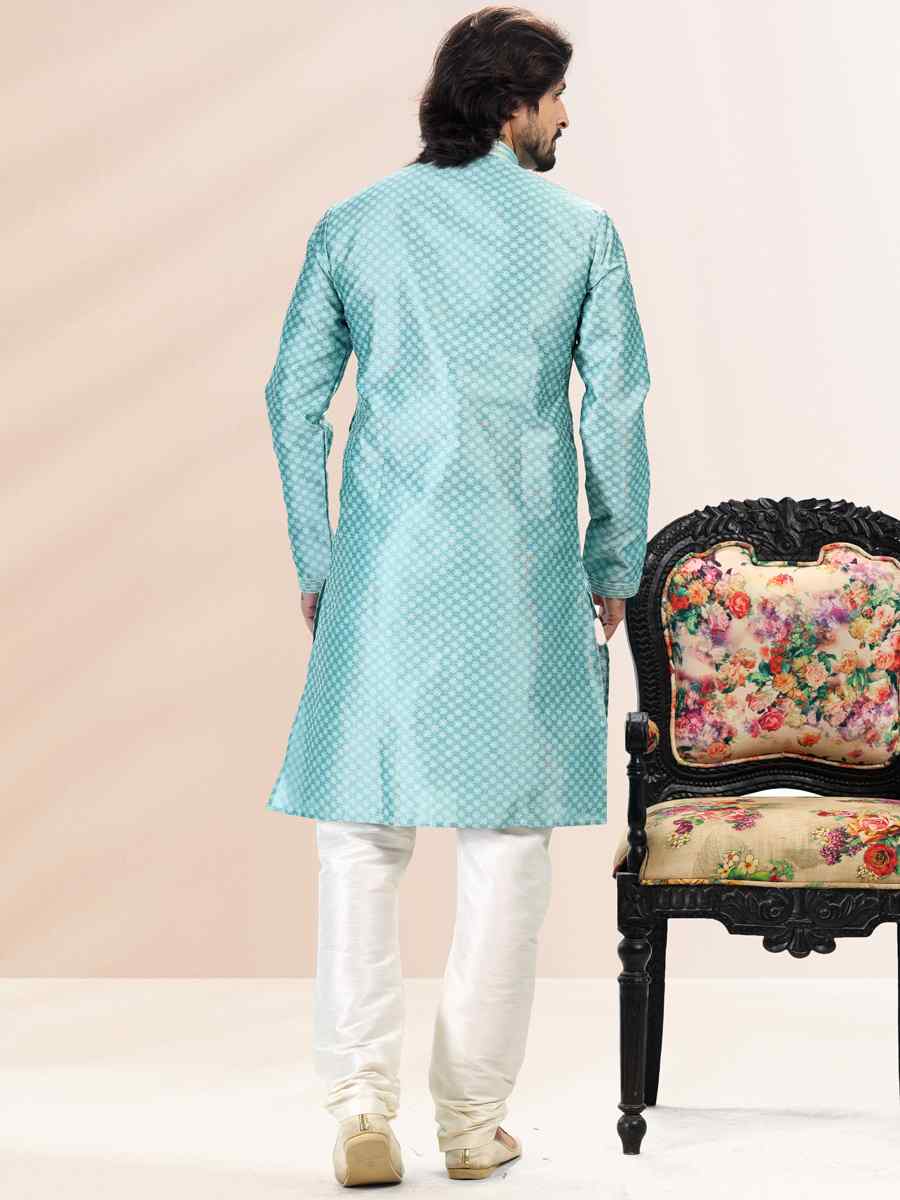 Firozi Blue Jacquard Banarasi Silk Woven Festival Wedding Kurta