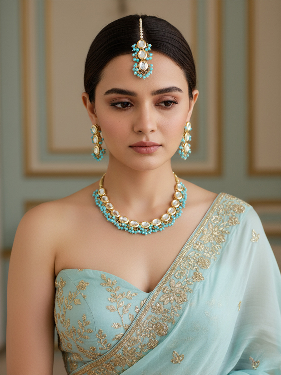 Firozi Brass Wedding Party Festival Wear Kundan Necklace