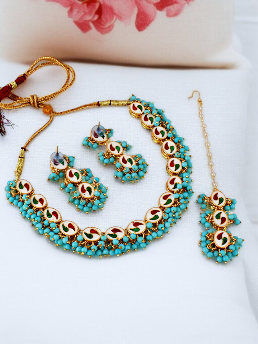 Firozi Brass Wedding Party Festival Wear Kundan Necklace