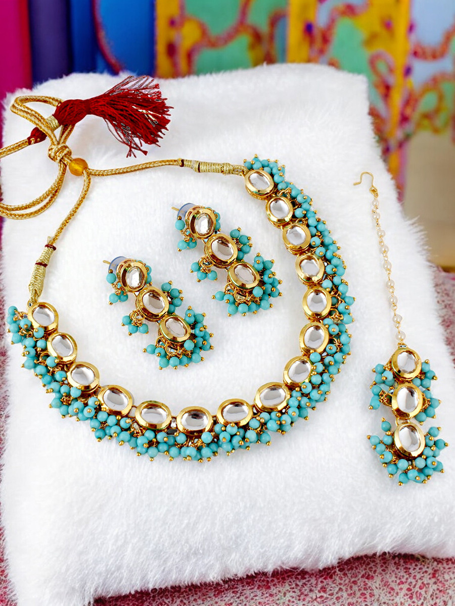 Firozi Brass Wedding Party Festival Wear Kundan Necklace