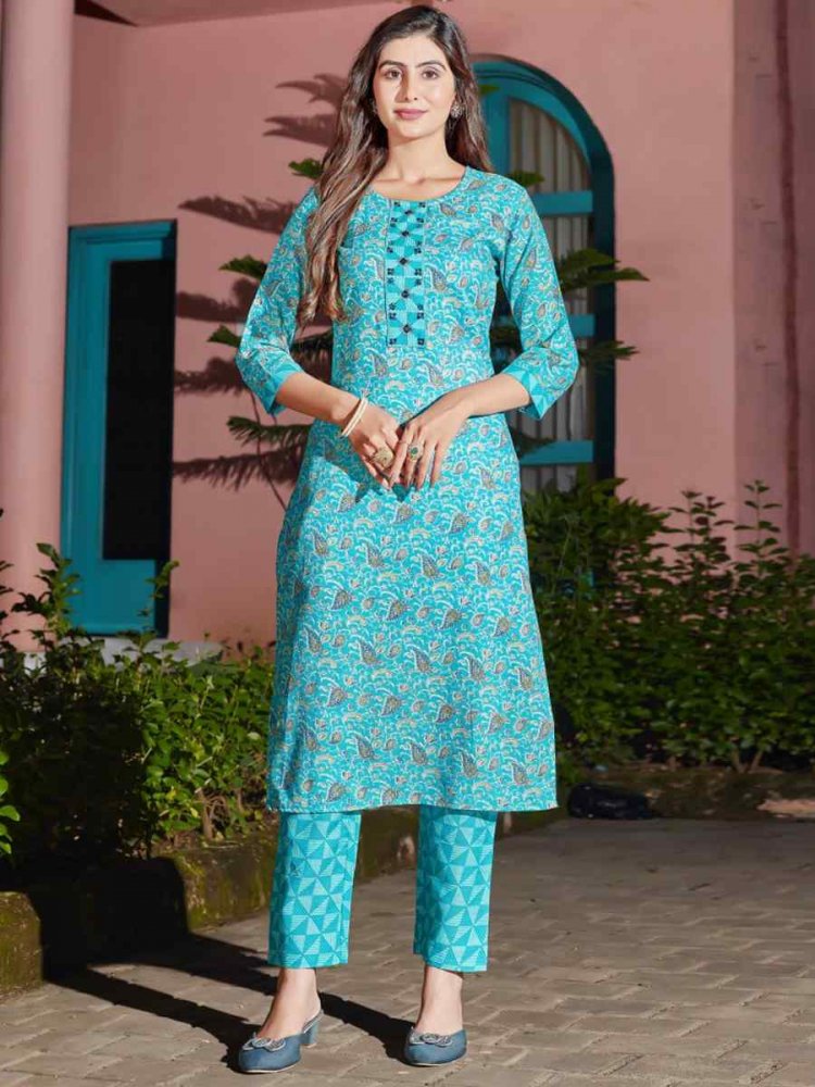 Firozi Cotton Blend Embroidered Festival Casual Kurti with Bottom