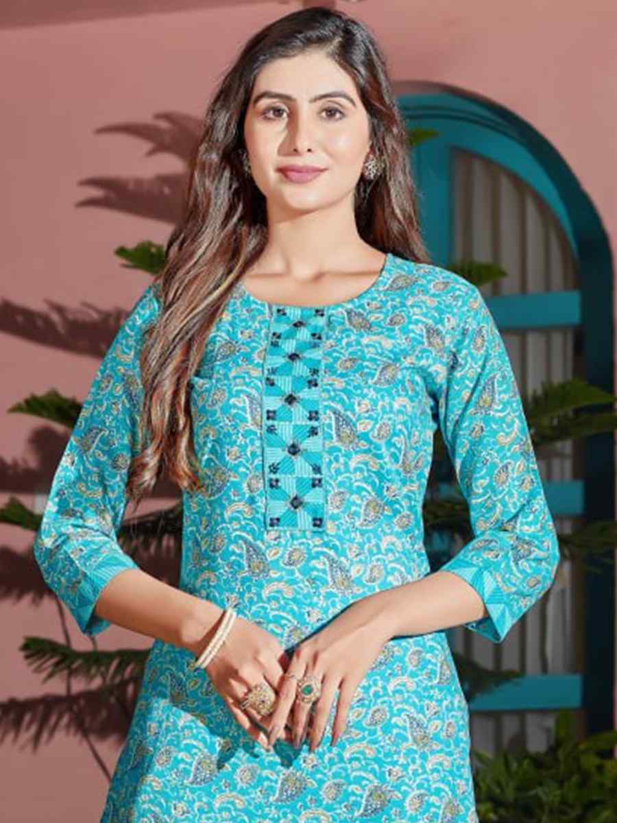 Firozi Cotton Blend Embroidered Festival Casual Kurti with Bottom