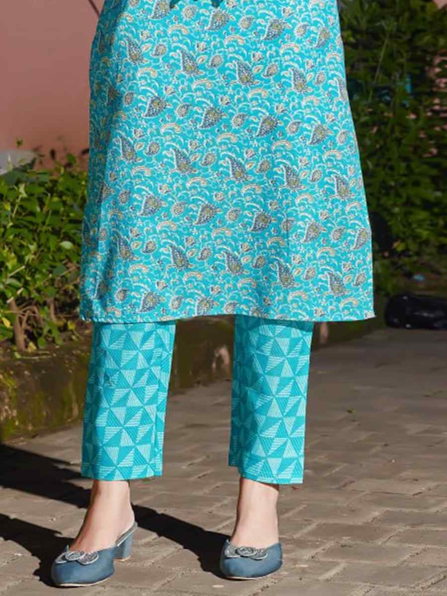 Firozi Cotton Blend Embroidered Festival Casual Kurti with Bottom