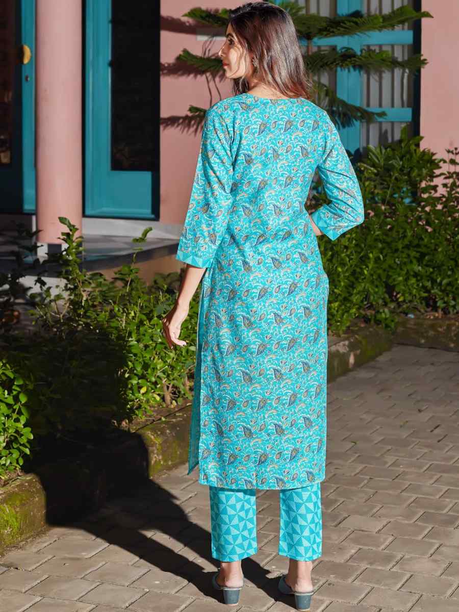 Firozi Cotton Blend Embroidered Festival Casual Kurti with Bottom