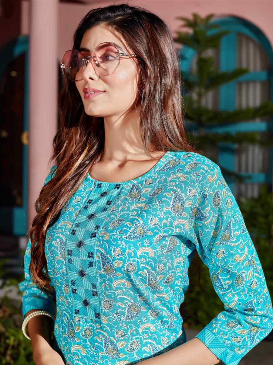 Firozi Cotton Blend Embroidered Festival Casual Kurti with Bottom