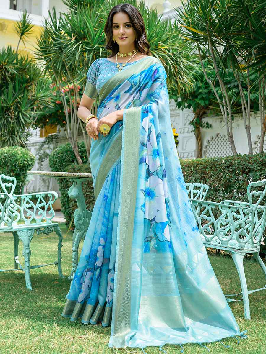 Firozi Cotton Printed Casual Festival Contemporary Saree