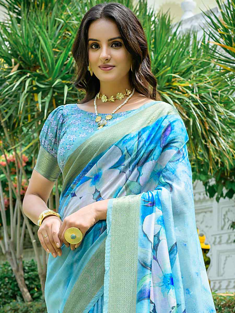 Firozi Cotton Printed Casual Festival Contemporary Saree