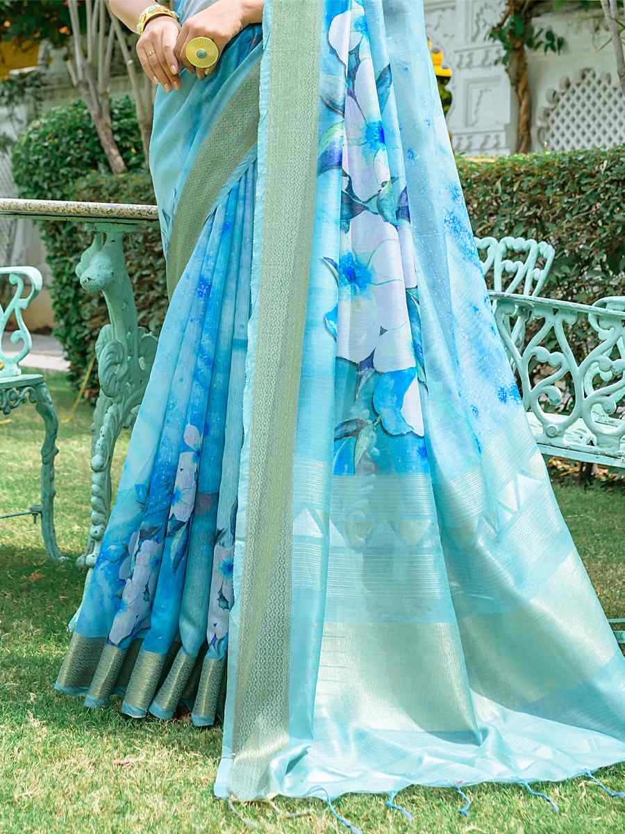 Firozi Cotton Printed Casual Festival Contemporary Saree