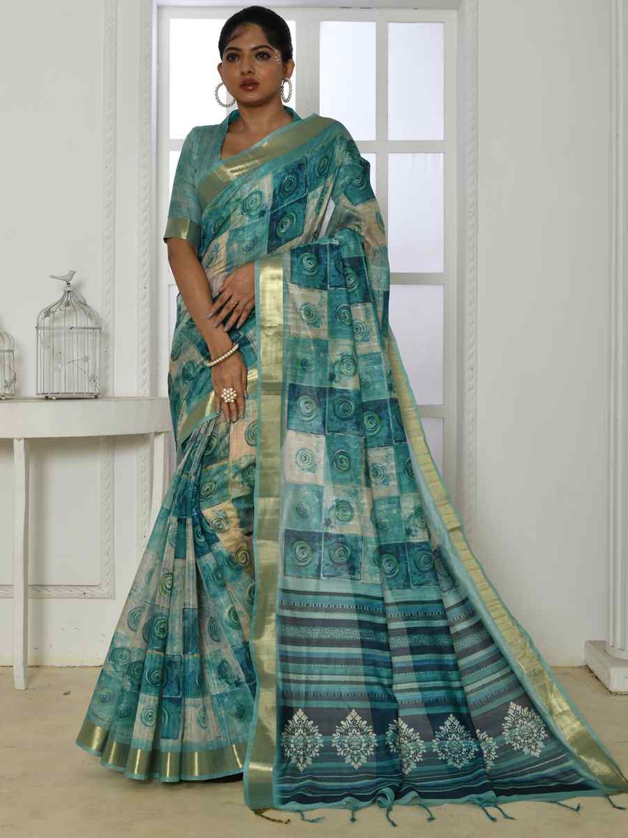 Firozi Cotton Silk Printed Casual Festival Classic Style Saree