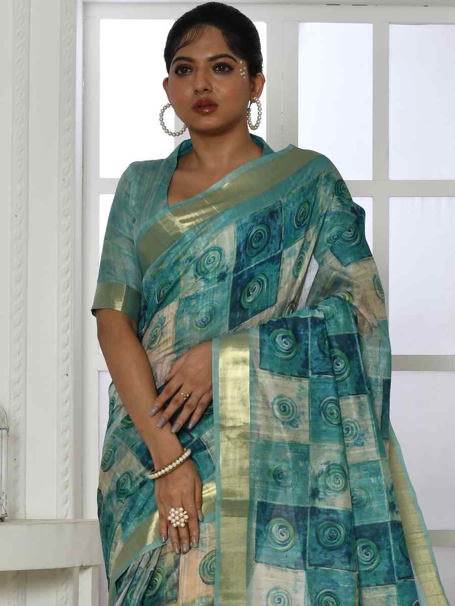 Firozi Cotton Silk Printed Casual Festival Classic Style Saree